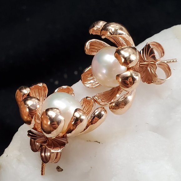 Sterling Silver 925/14K Rose Gold Studs Large Freshwater Pearls Earriings - Picture 2 of 11